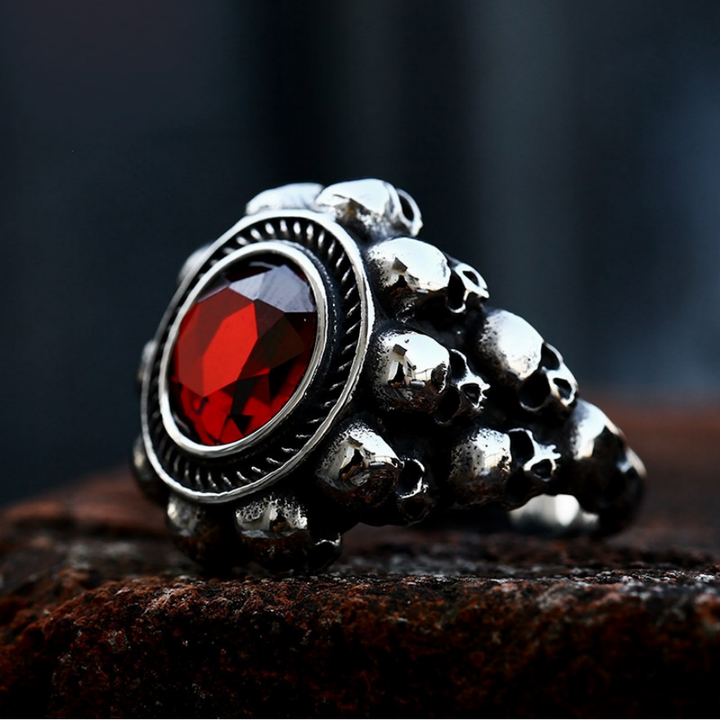 Surrounding‑Skull Red Diamond Vintage Ring