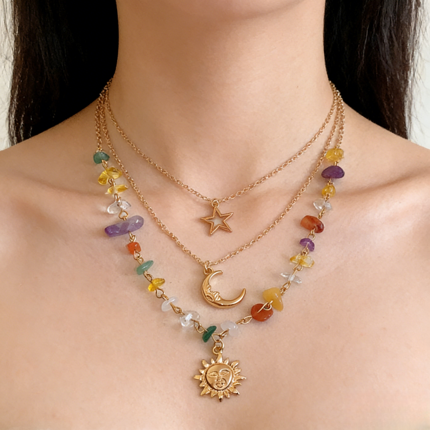 Sun Moon Star Chakra Stone Layered Necklace Set (Boho Mystic Choker)