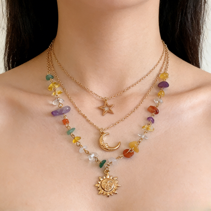 Sun Moon Star Chakra Stone Layered Necklace Set (Boho Mystic Choker)