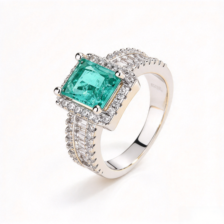 Square Green Gemstone Halo Diamond S925 Silver Ring