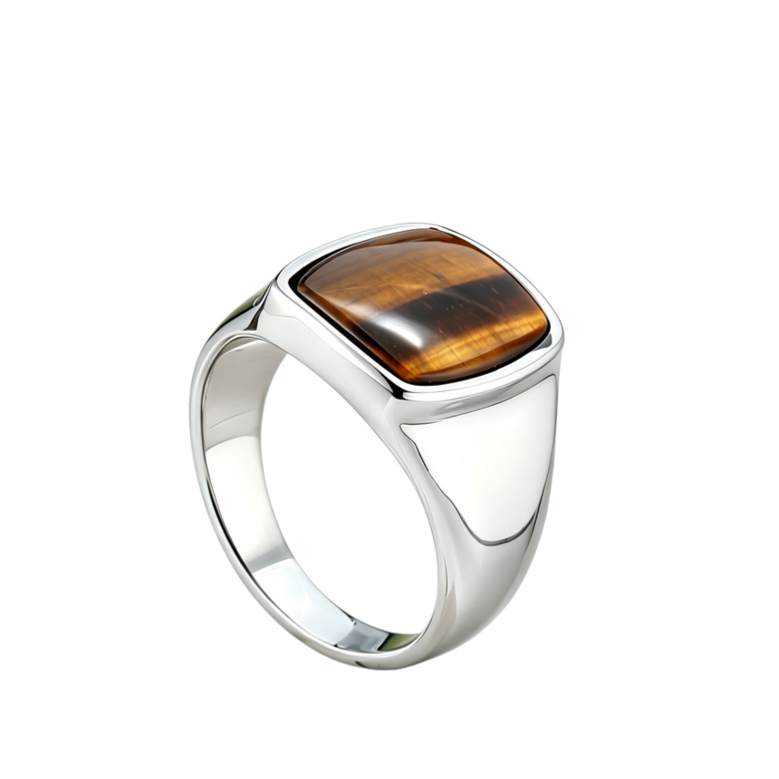Square Cabochon Stone Bezel Men Signet Ring, Gold Silver Onyx Tiger Eye Vintage Band