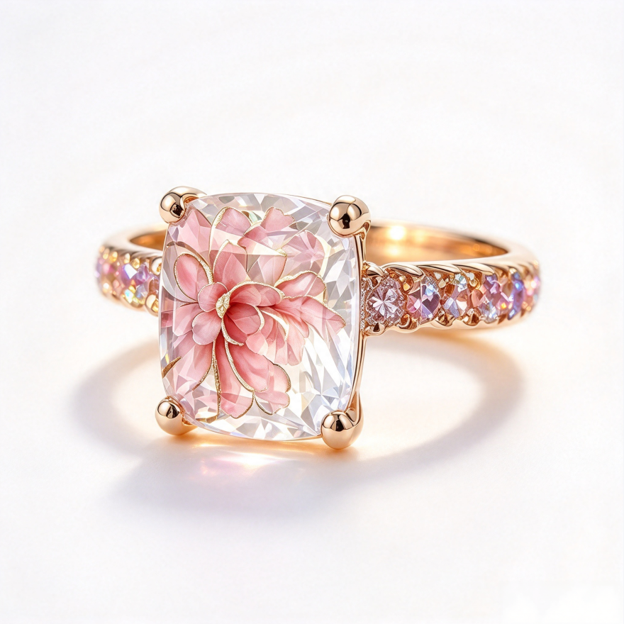 Square Inner‑Carved Pink Flower S925 Silver Gold‑Tone Ring