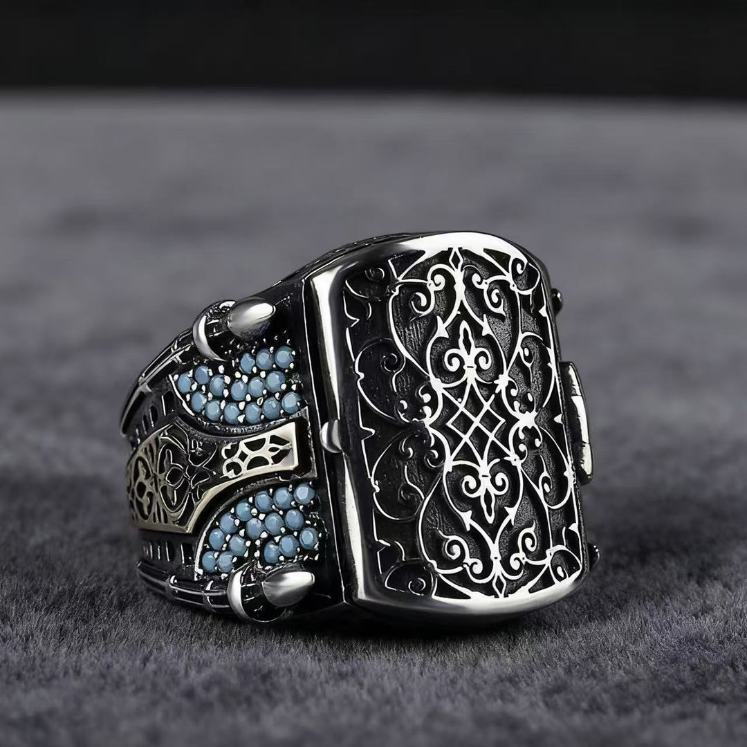 Vintage‑Engraved Hollow Turquoise Wide‑Band Men’s Ring