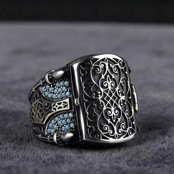 Vintage‑Engraved Hollow Turquoise Wide‑Band Men’s Ring