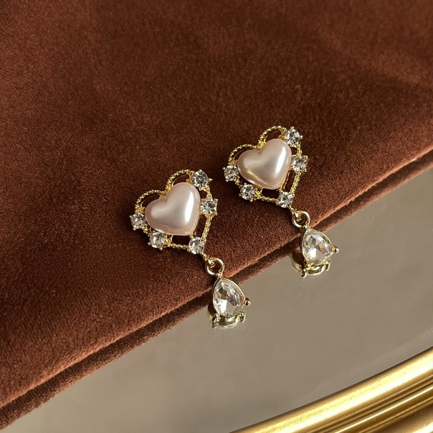 Hollow Heart Pearl Teardrop Diamond S925 Silver Stud Earrings, Vintage Sweet Heart Dangle Earrings