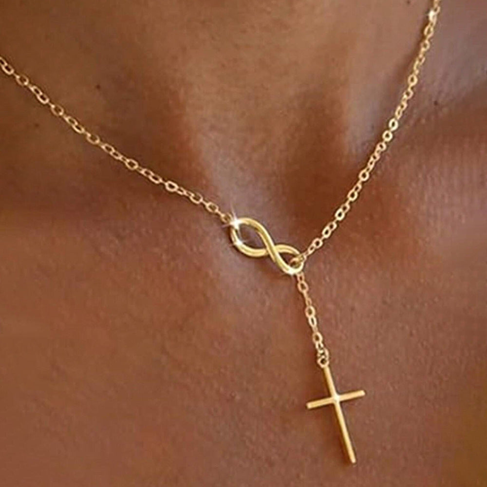 Infinity Symbol Cross Y-Drop Thin Necklace, Gold & Silver Eternal Faith Minimal Clavicle Chain