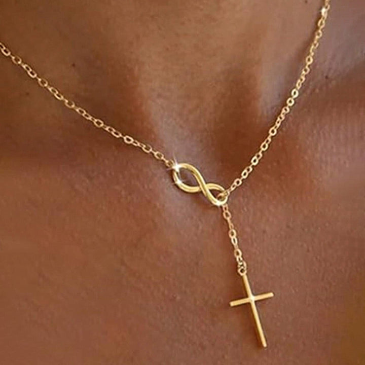 Infinity Symbol Cross Y-Drop Thin Necklace, Gold & Silver Eternal Faith Minimal Clavicle Chain
