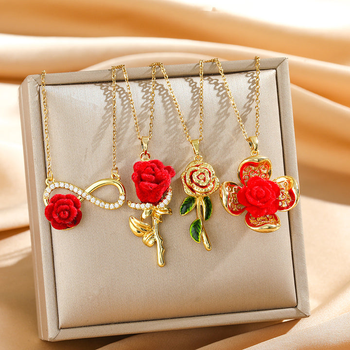Velvet Red Rose Series Gold-Plated Collarbone Necklaces, 4 Styles Vintage Romantic Rose Pendant Thin Chains, Valentine’s Day Gift Jewelry