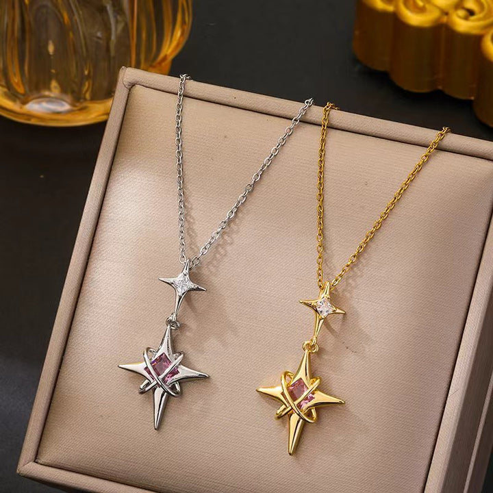 Pink Diamond Double Star Pendant Necklace, Unique North Star Collarbone Chain, Gold & Silver Tone Available