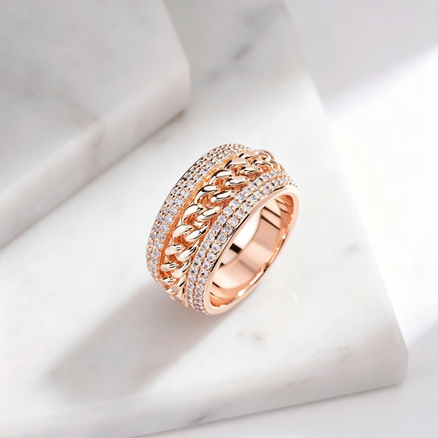 Curb Chain Center Pave Diamond Wide Band Ring, Gold & Silver And Rose Gold Tone Heavy Luxury Chain Crystal Ring