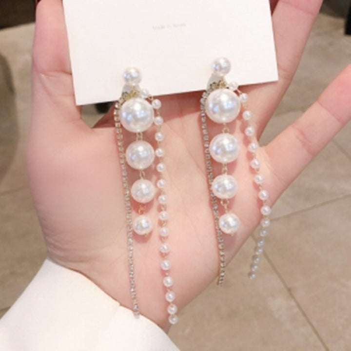 Gradient Natural Pearl Rhinestone Long Tassel Drop Earrings, S925 Sterling Silver Luxury Dainty Chain Women Earrings