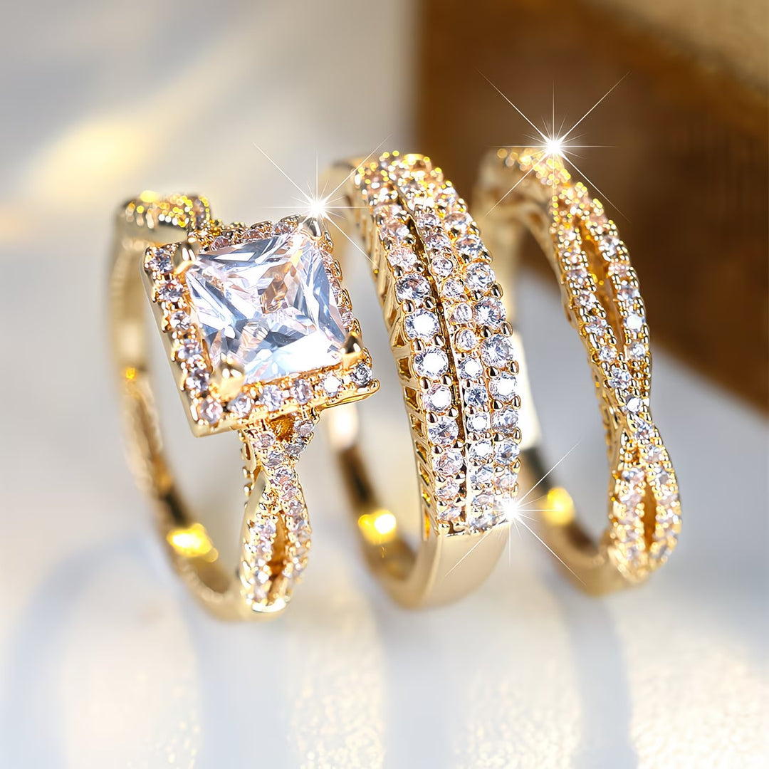 Square Center Stone Paved Three-Piece Ring Set, Luxury Stackable Engagement Ring Set