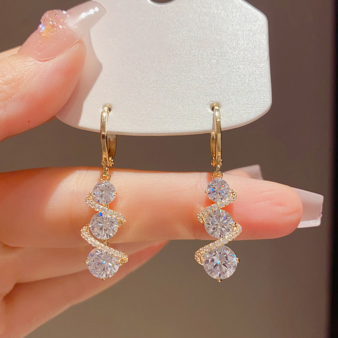 S925 Silver Spiral Wave Diamond Long Drop Earrings, Delicate Luxury Dangling Earrings for Party