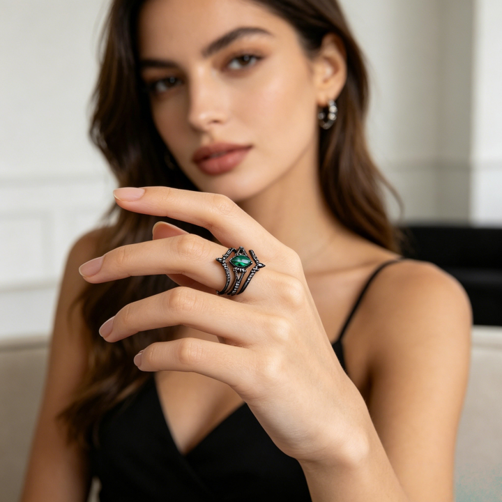 Gothic Marquise Green Gemstone Stackable Ring Set (Black Tone Statement Band)