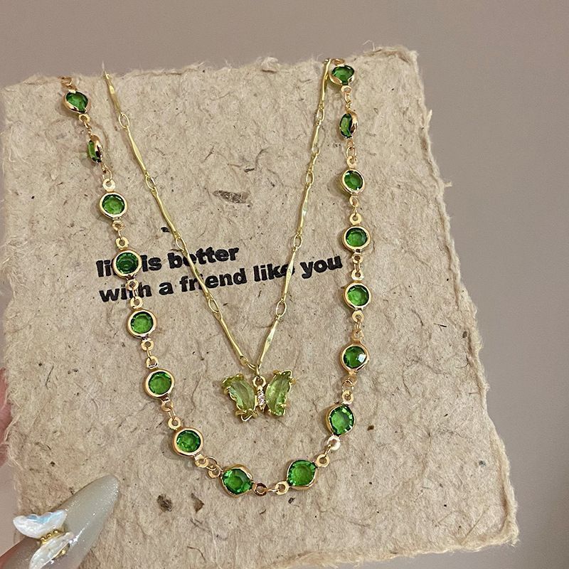Two-Layer Stackable Color Crystal Butterfly Necklace, Bezel-Set Round Diamond Chain with Butterfly Pendant, Fresh Forest-Style Double Collarbone Chain
