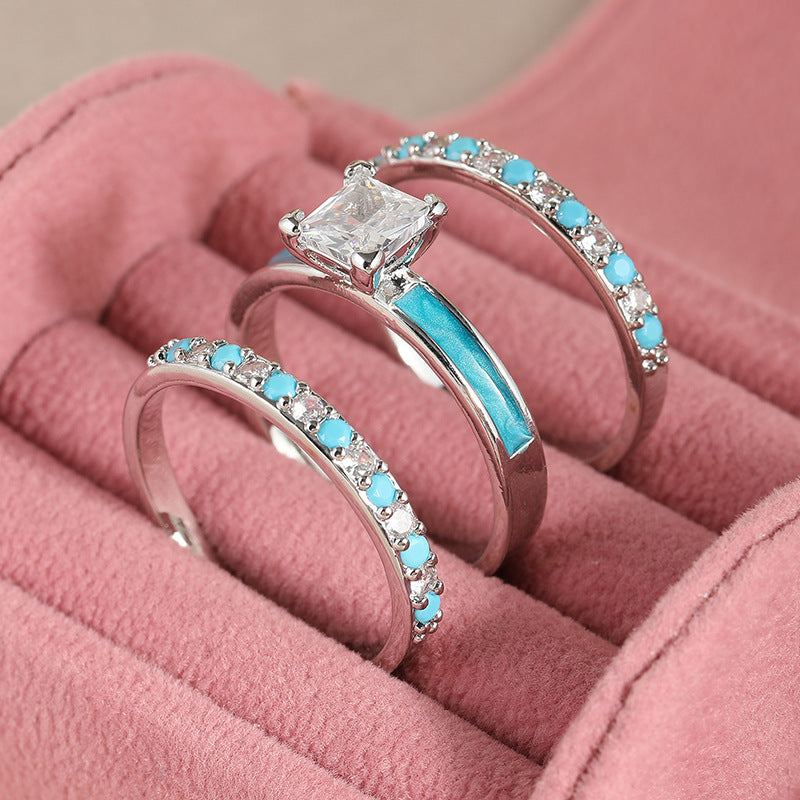 Princess Cut Diamond Turquoise 3-Piece Ring Set, Fresh Blue Stackable Rings, Luxury Women Stacking Band Set