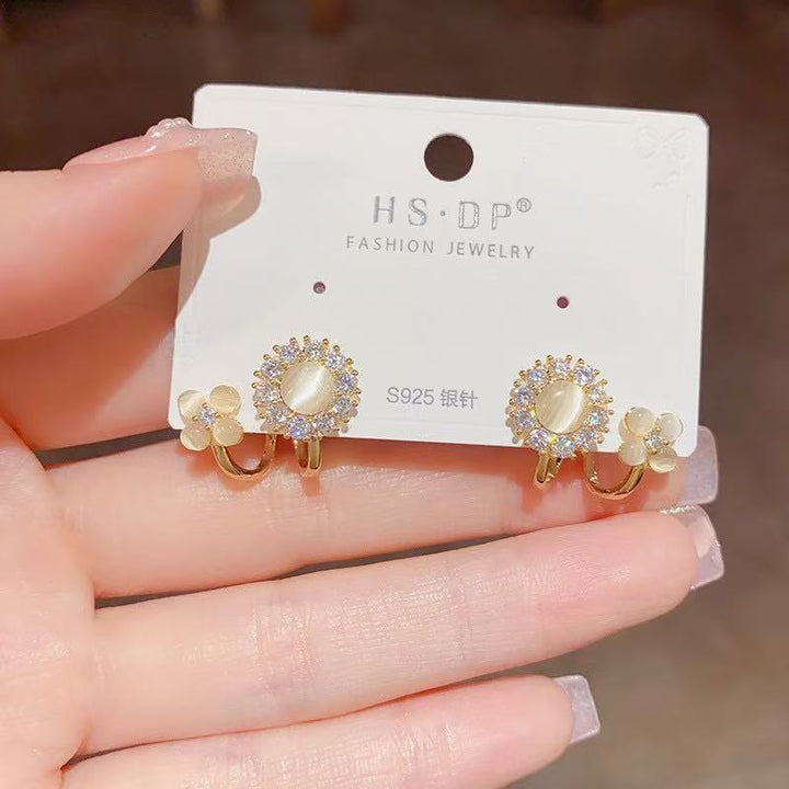 W-shaped Curve Cat's Eye Flower S925 Silver Stud Earrings, Minimalist Inlaid Diamond Dual Floral Earrings
