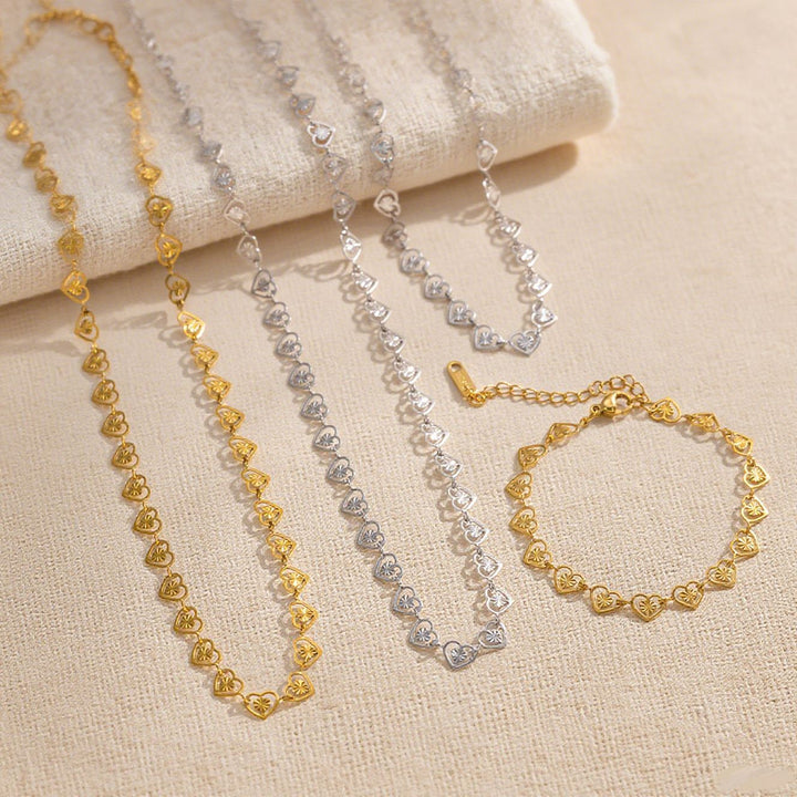 Hollow Embossed Heart Jewelry Set Necklace & Bracelet, Gold & Silver Two-Tone All-Match Heart Chain Matching Jewelry