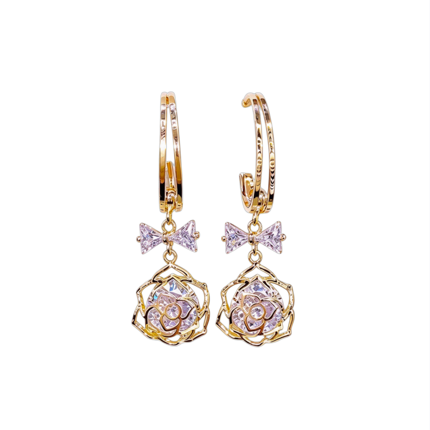 Bow‑Knot Hollow Rose Drop S925 Silver Earrings