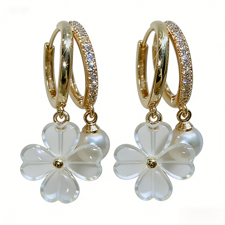 Crystal Clover & Pearl Huggie Earrings (Gentle Daily Commute Jewelry)