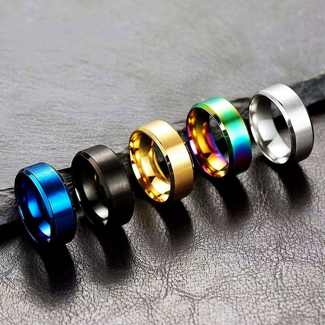 8mm Brushed Beveled Titanium Steel Band Ring, Multi-Color Minimalist Unisex Plain Ring for Men & Women