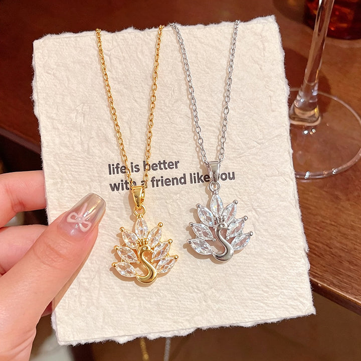 Light Luxury Diamond Peacock Swan Pendant Clavicle Necklace, Dainty Thin Chain for Women (Gold & Silver Two Tones)