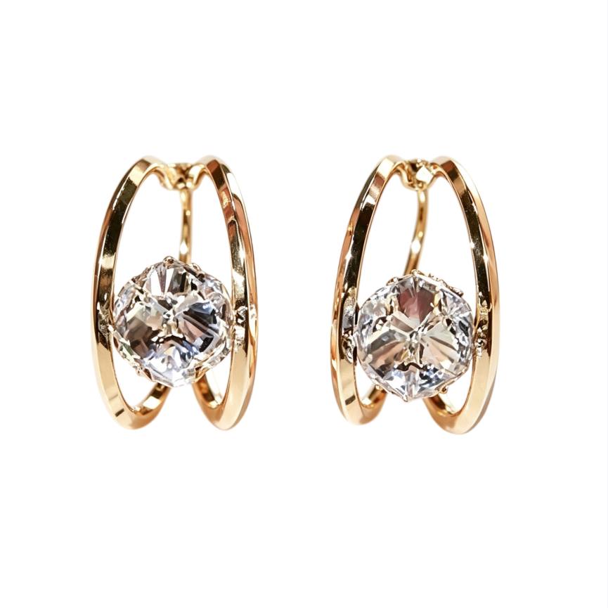S925 Silver Double Hoop Diamond Ear Buckles, Luxury 3D Dual Ring Large Diamond Gold Earrings