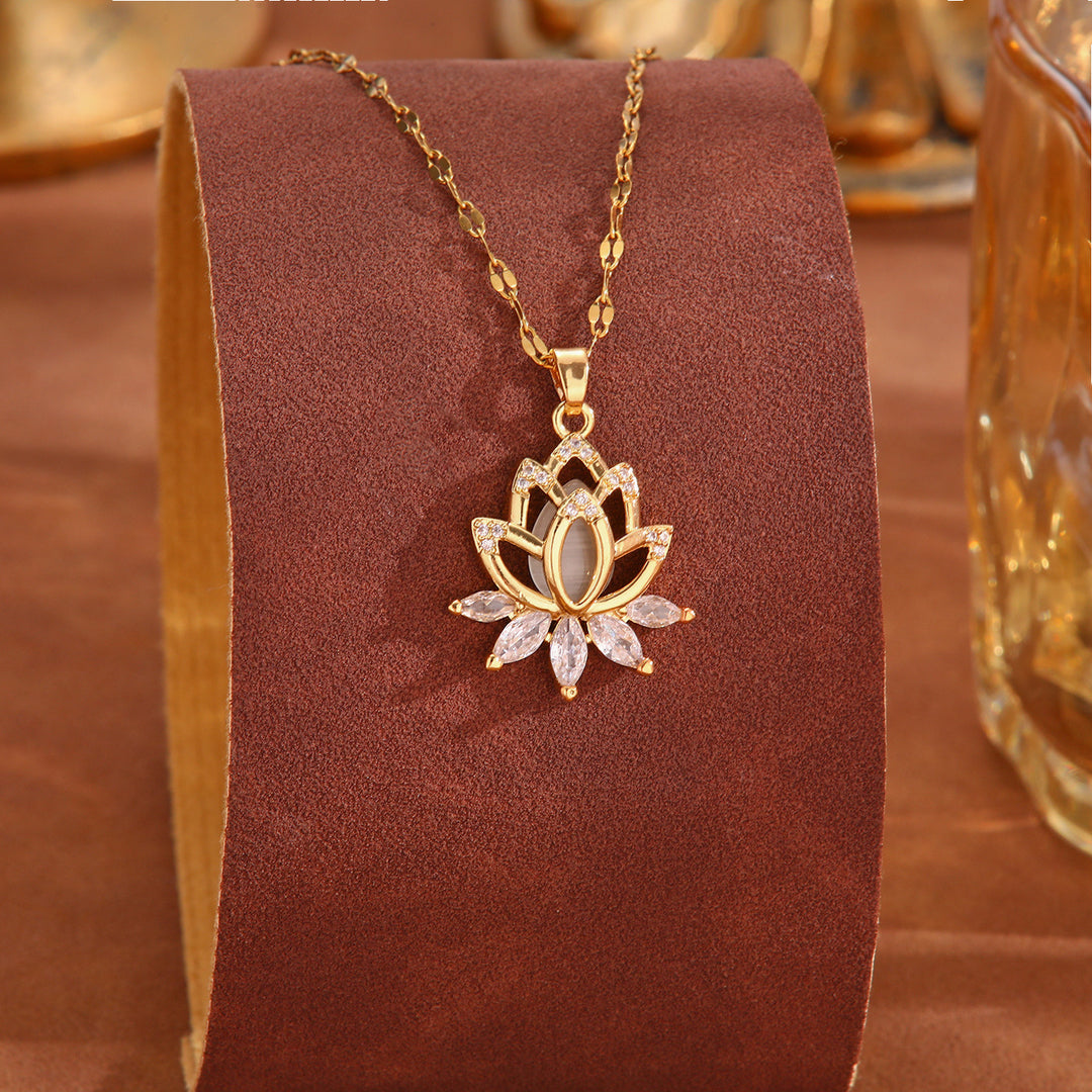 Hollow Lotus Pink Cat's Eye Diamond Collarbone Necklace, 14K Gold Plated Shimmer Fish Scale Dainty Floral Necklace