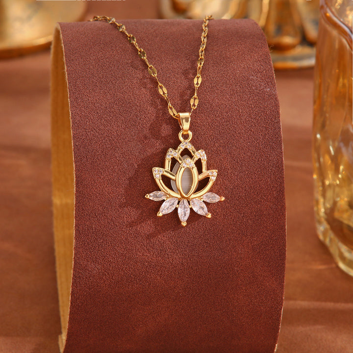 Hollow Lotus Pink Cat's Eye Diamond Collarbone Necklace, 14K Gold Plated Shimmer Fish Scale Dainty Floral Necklace