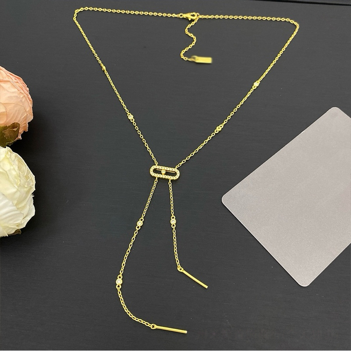 Pave Paperclip Y-Shaped Tassel Choker, Gold & Silver Adjustable Long Luxury Slide Necklace
