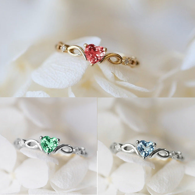 Infinity Symbol Heart Colored Diamond Thin Ring, Gold & Silver Light Luxury Love Stone Band