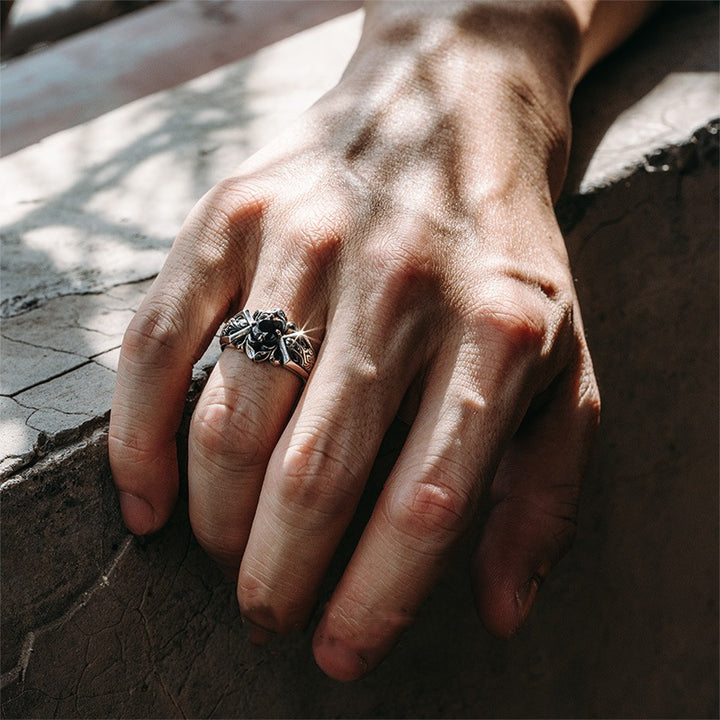 Vintage Lotus Cross Black Stone Ring (Gothic Dark Band)