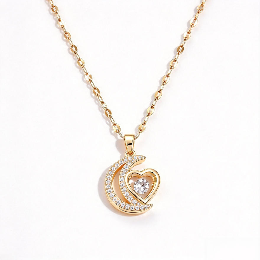 Gold Hollow Moon & Heart Pendant Necklace