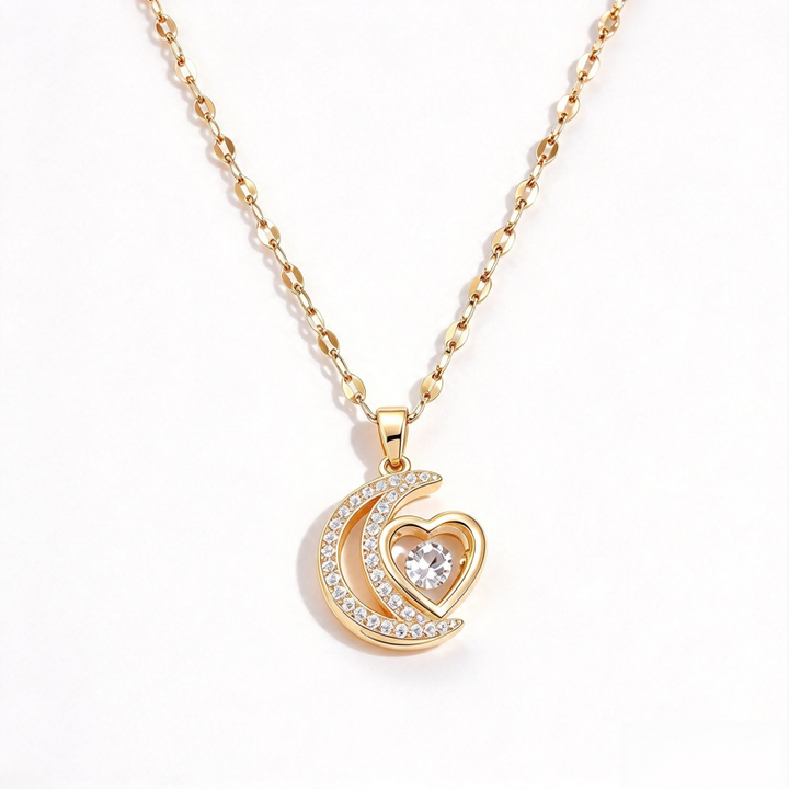 Gold Hollow Moon & Heart Pendant Necklace