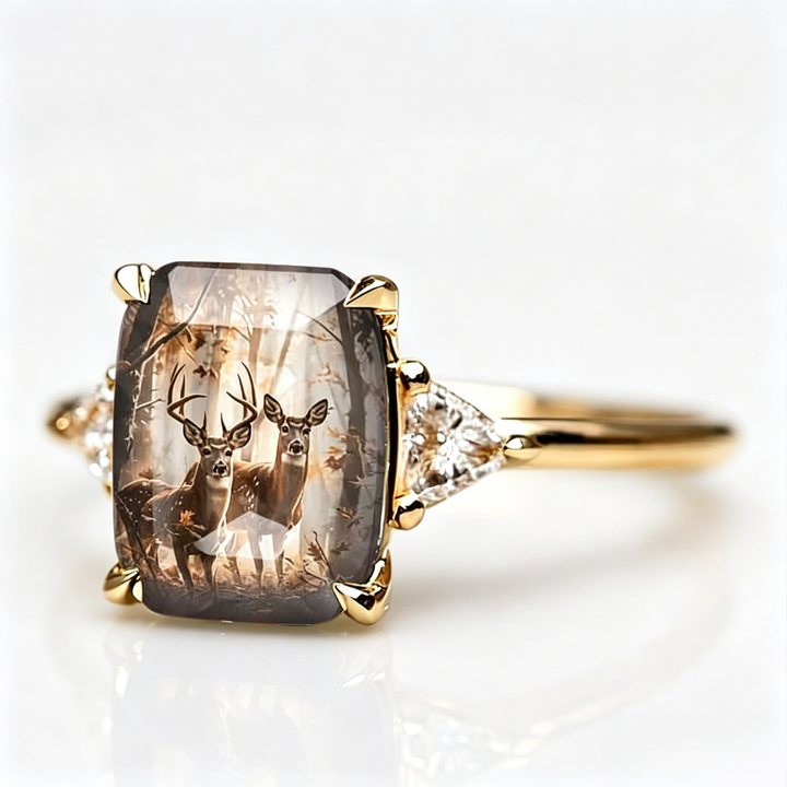 S925 Silver Square Forest‑Deer Pattern Center Stone Ring, Women Slim Band Accented With Trillion‑Cut Diamond