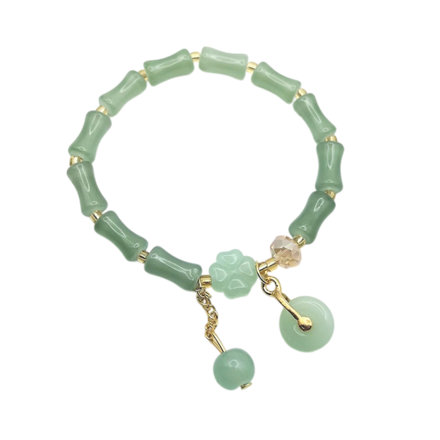 Bamboo Bead Multi-Charm Adjustable Bracelet, Fresh Green Beaded Fashion Bracelet