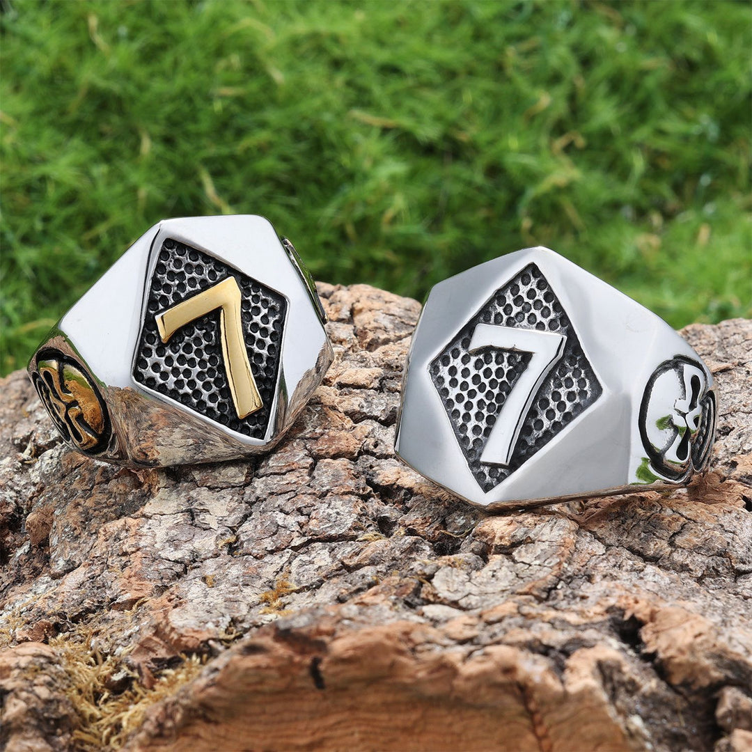 Lucky Number 7 Symbol Ring (Vintage American Biker Style Band)