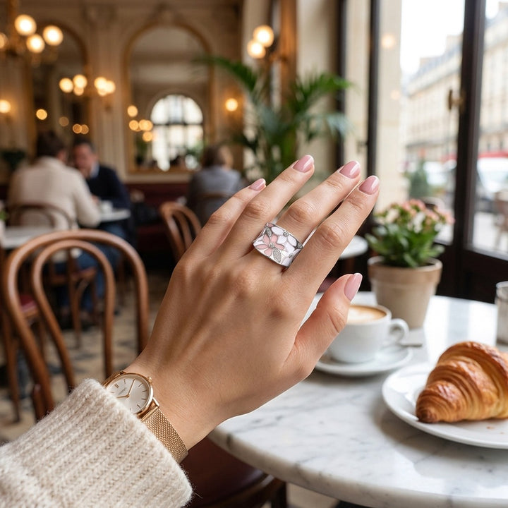 Two‑Tone Enamel Floral Wide Band Ring, Two Colors Available