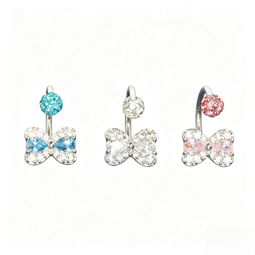 Paved Crystal Bow U-Shaped Piercing Jewelry, Titanium Lip Stud & Ear Stud Available in Multiple Colors