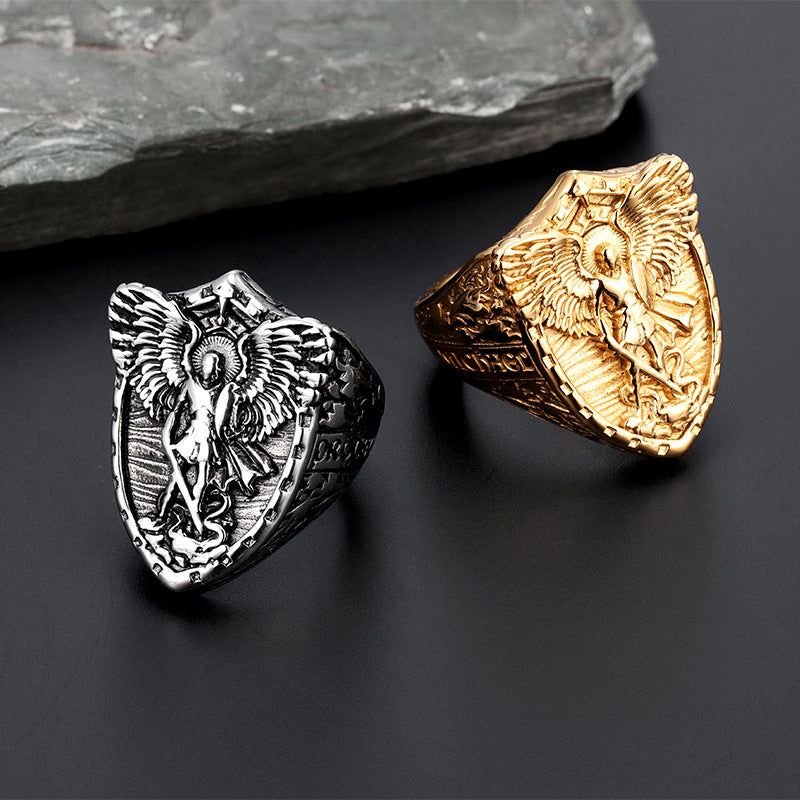 St. Michael Shield Embossed Guardian Signet Ring, S925 Silver Gold Tone / Antiqued Silver Religious Wide Band