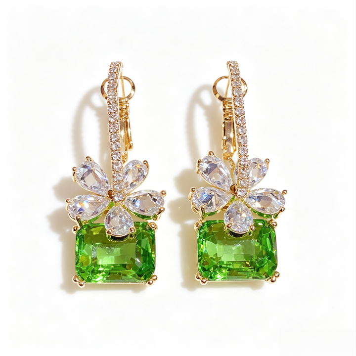 Green Square Diamond Flower Hoop Earrings, Fresh Square Green Gem Floral Diamond Dangle Earrings, Gold Luxury Earrings