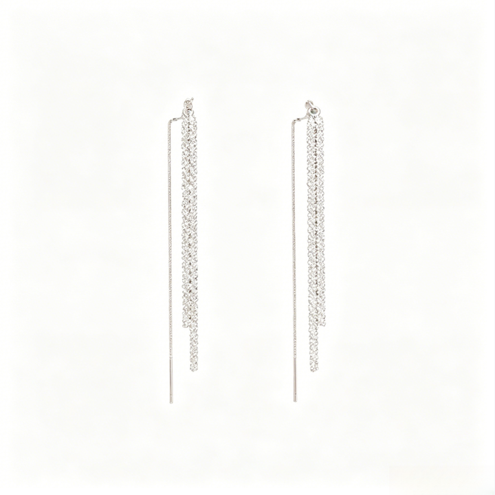 Double Sparkle diamond Tassel Long Drop Earrings (Delicate Luxury Silver Dangles)