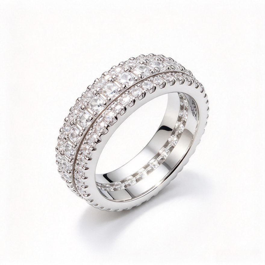 Three‑Row Full‑Paved S925 Silver Band Ring, Vintage Milgrain Eternity Ring With Full‑Circle Diamonds, Gold / Silver / Rose‑Gold Three‑Tone