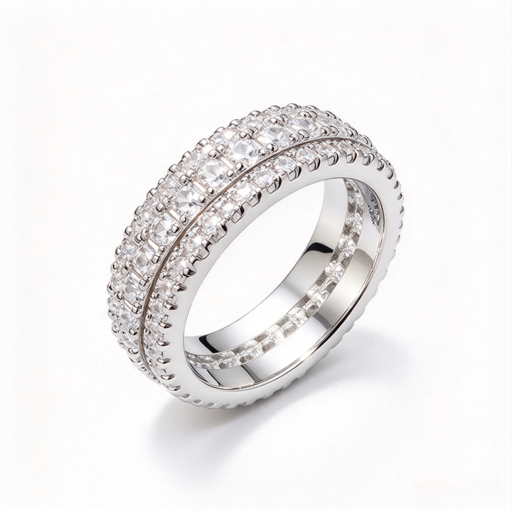Three‑Row Full‑Paved S925 Silver Band Ring, Vintage Milgrain Eternity Ring With Full‑Circle Diamonds, Gold / Silver / Rose‑Gold Three‑Tone