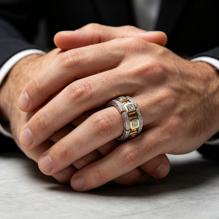 Two-Tone Linked Chain Hollow Full Paved Diamond Wide Ring, S925 Silver Silver-Gold / Silver-Rose Gold Luxury Unisex Band