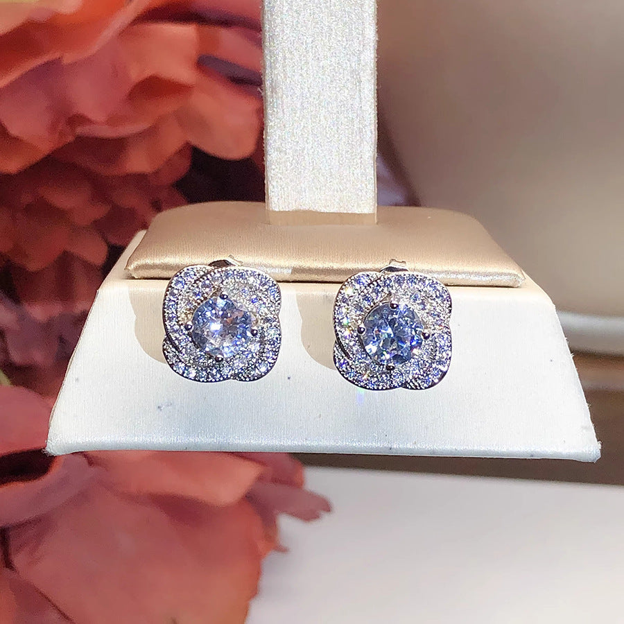S925 Silver Spiral Halo Diamond Stud Earrings, Luxury Full Paved Flower Earrings for Women