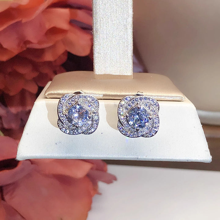 S925 Silver Spiral Halo Diamond Stud Earrings, Luxury Full Paved Flower Earrings for Women