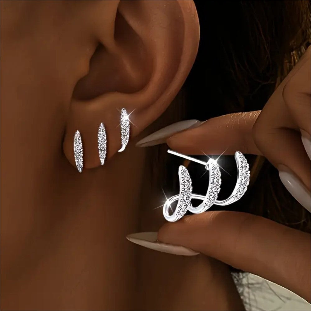 Three‑Row Curved Full‑Paved S925 Silver Stud Earrings, Multi‑Layer C‑Shape Wrap Earrings, Silver & Gold Two‑Tone
