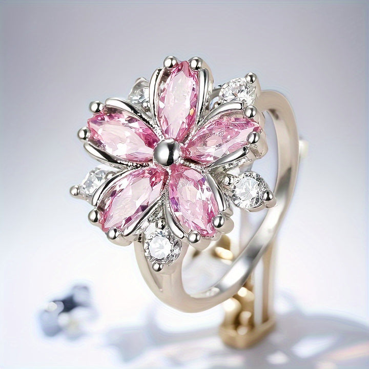Cherry Blossom Marquise Diamond Ring, Floral Ring with Pink & Clear Stones Two Colors Available