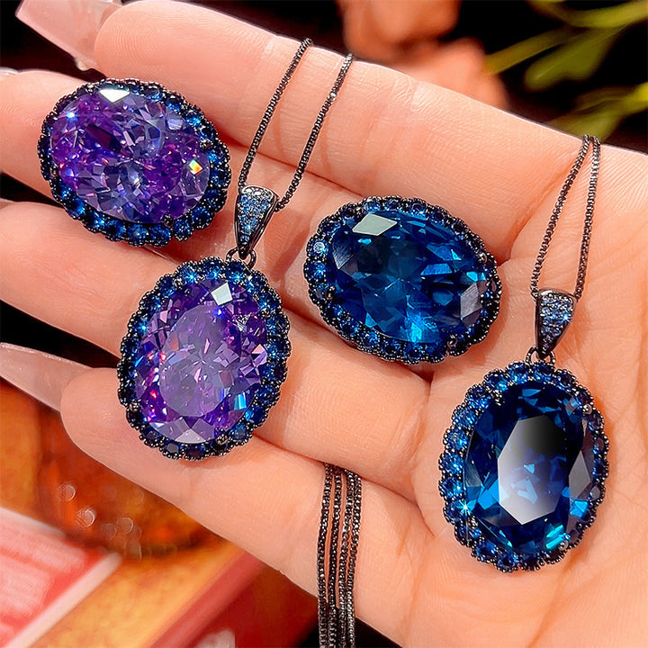 Vintage Gunmetal Plated Gemstone Necklace & Earring Set (Purple/Blue Options)